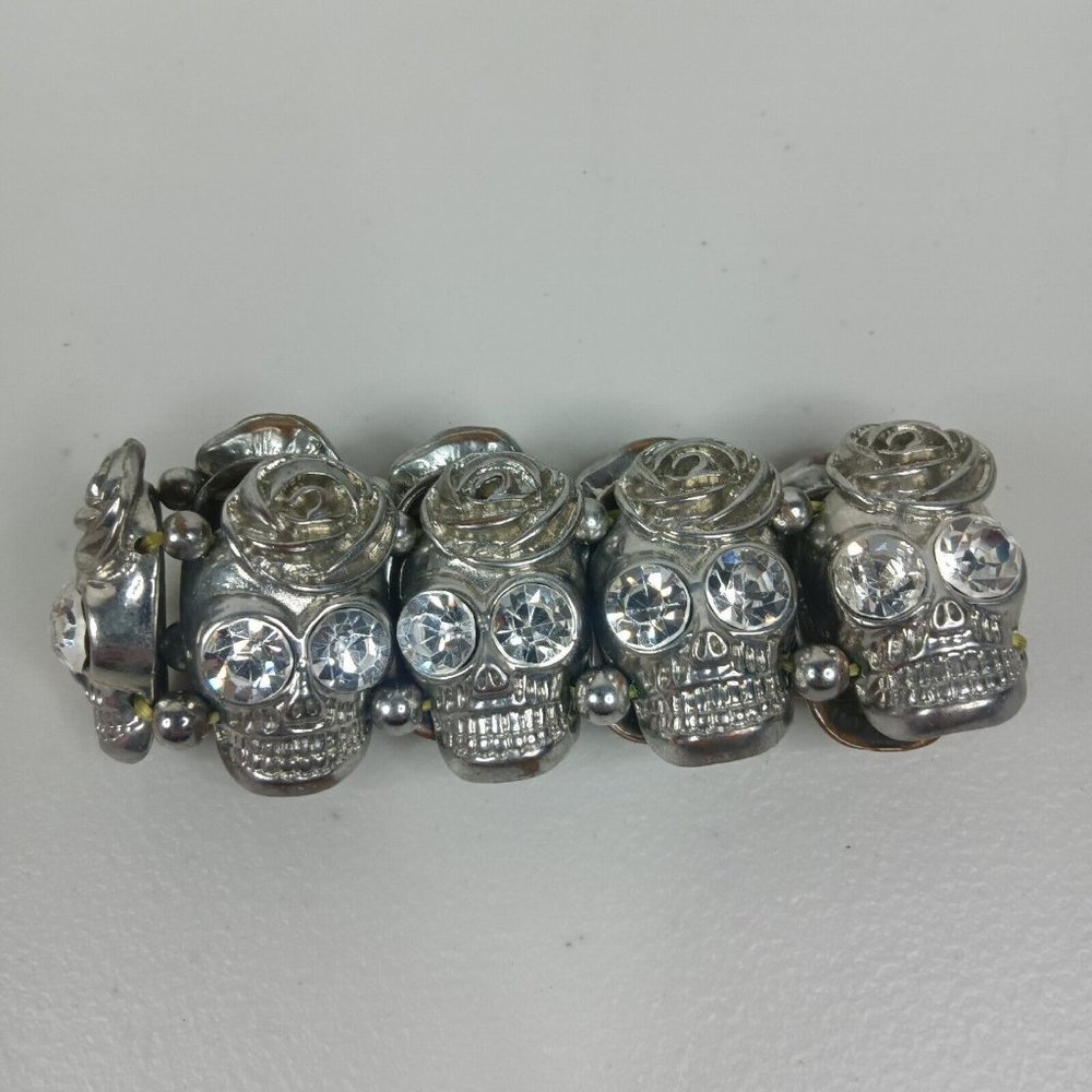 Skull and Rose Silver Tone Gemmed Costume Jewelry Bracelet of Unknown Origin